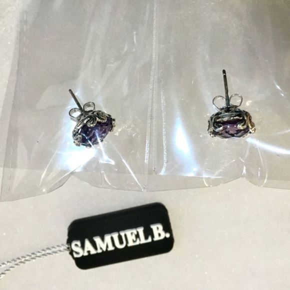 SAMUEL B Faceted Round Cut Amethyst Sterling Silver 925 Stud Earrings - Picture 12 of 13
